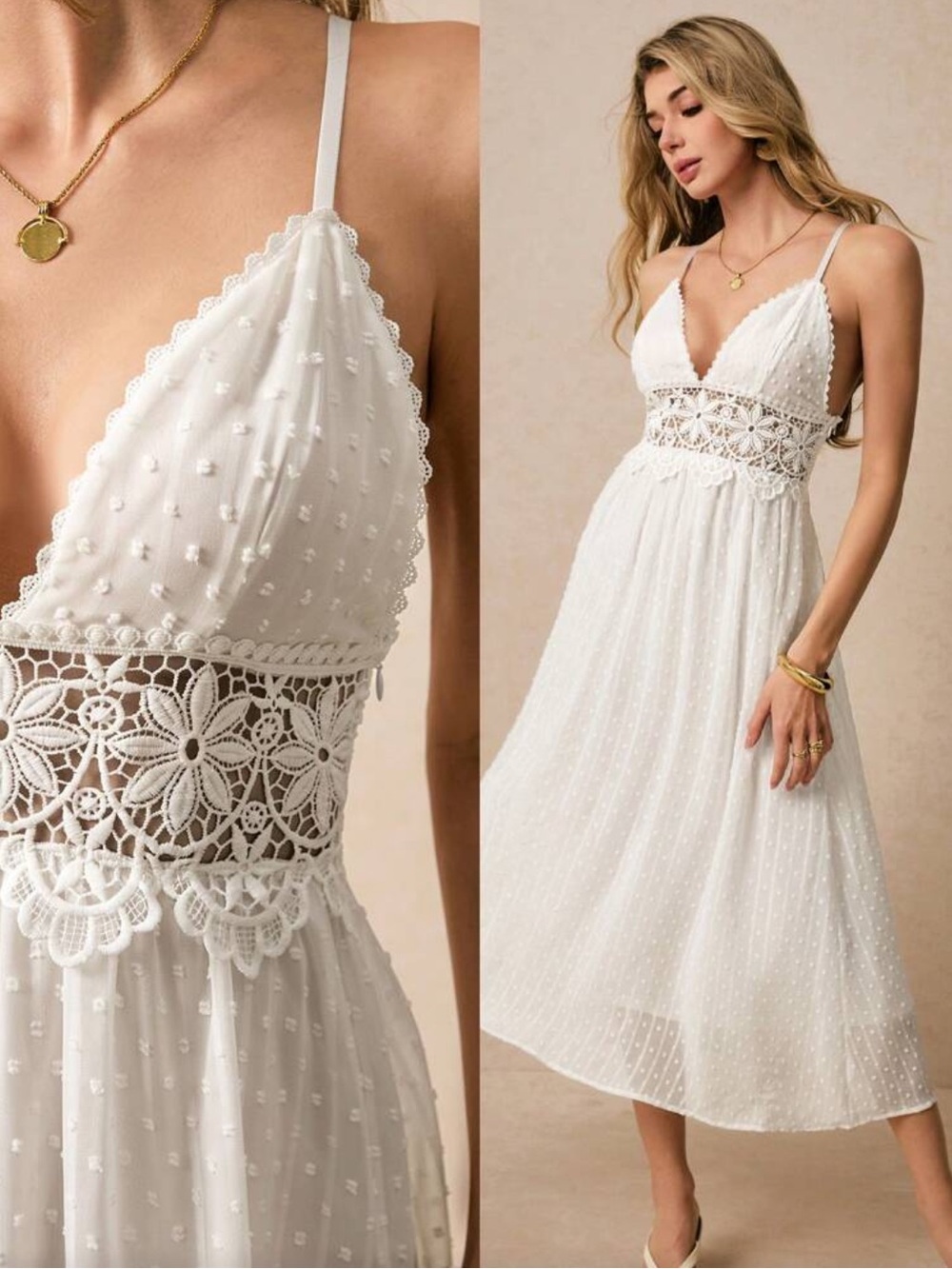 Boho Lace Sheer Mesh Lace Trim Cami Top Midi Dress